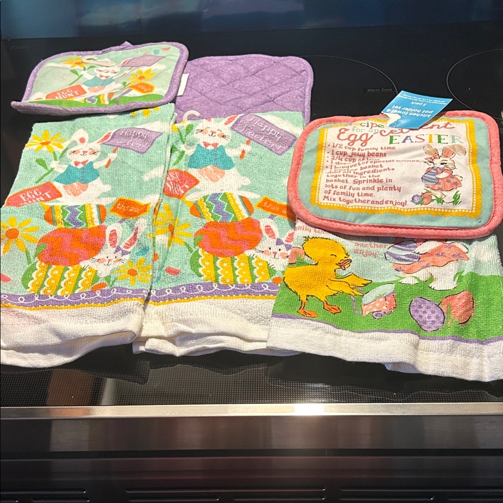 Easter Bunny Kitchen Towel Set - Multicolor with pot holders. Set of 3